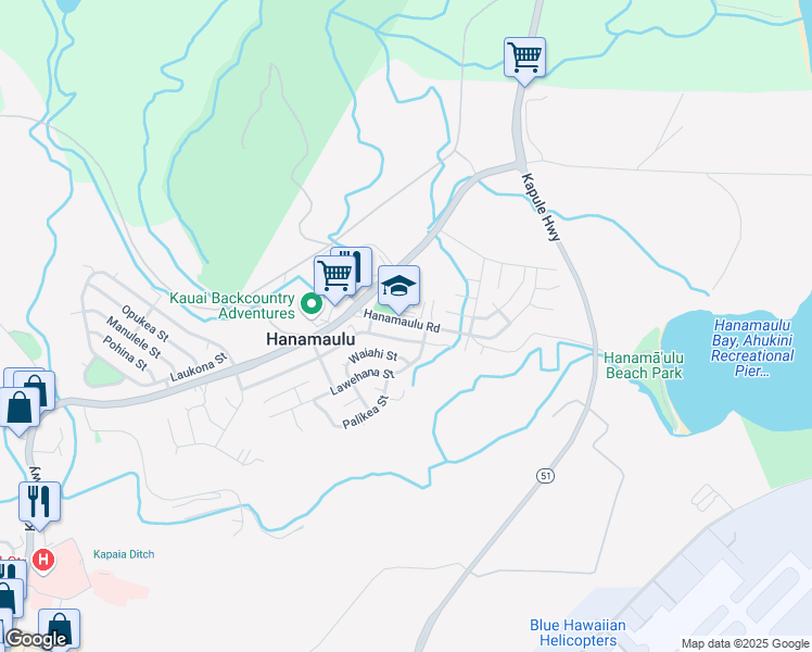 map of restaurants, bars, coffee shops, grocery stores, and more near 4381 Hanamaulu Road in Līhuʻe