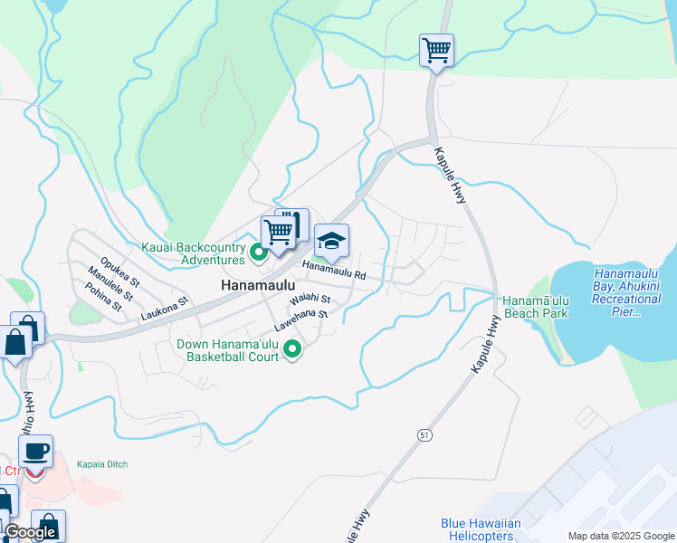 map of restaurants, bars, coffee shops, grocery stores, and more near 4381 Hanamaulu Road in Līhuʻe
