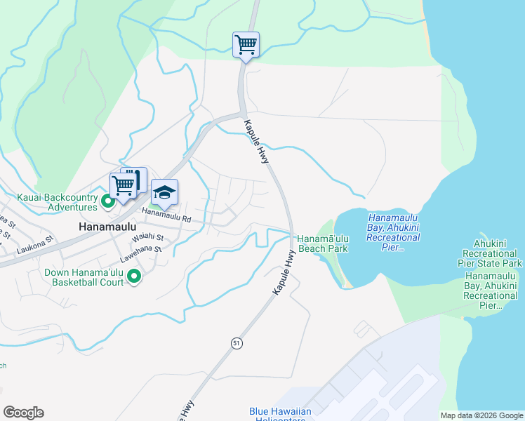 map of restaurants, bars, coffee shops, grocery stores, and more near 4110 Hehi Road in Lihue