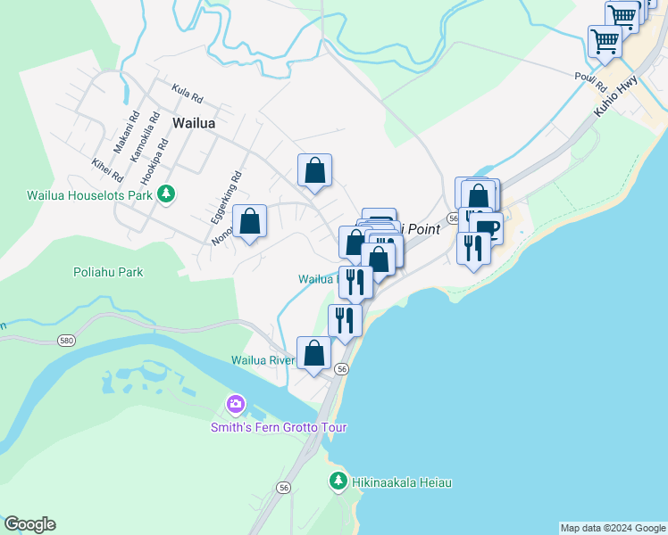 map of restaurants, bars, coffee shops, grocery stores, and more near 326 Koki Road in Kapaʻa