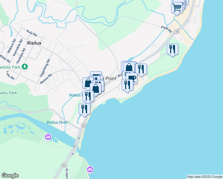 map of restaurants, bars, coffee shops, grocery stores, and more near 401 Papaloa Road in Kapaʻa