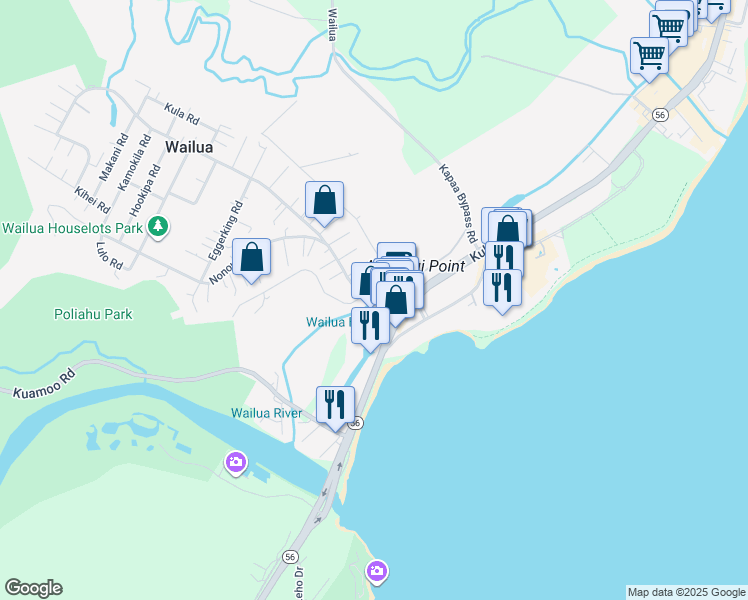 map of restaurants, bars, coffee shops, grocery stores, and more near 4580 Haleilio Road in Kapaʻa