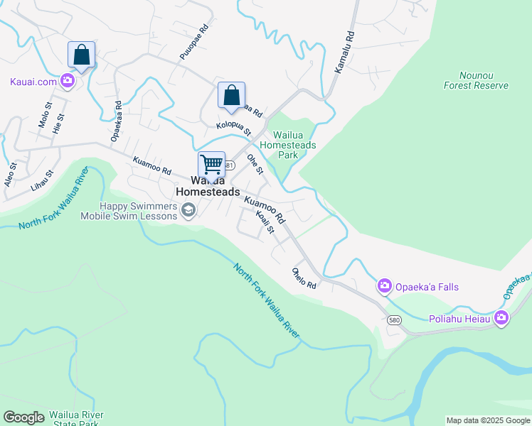 map of restaurants, bars, coffee shops, grocery stores, and more near 5824 Koali Street in Kapaʻa