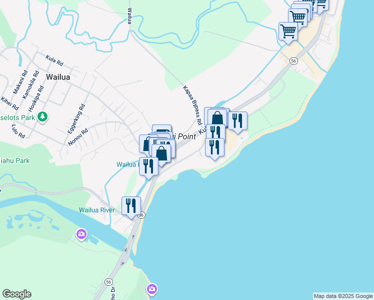map of restaurants, bars, coffee shops, grocery stores, and more near 401 Papaloa Road in Kapaʻa