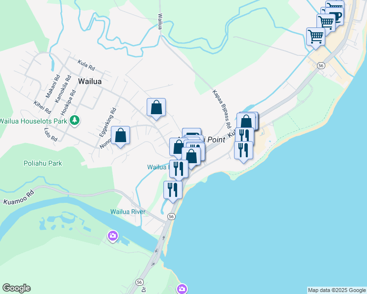 map of restaurants, bars, coffee shops, grocery stores, and more near 4580 Haleilio Road in Kapaʻa