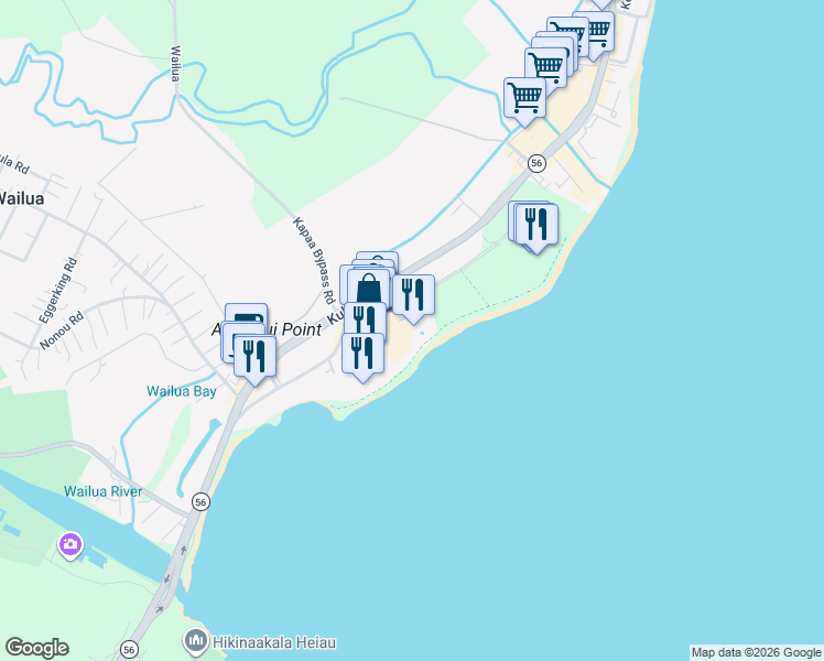 map of restaurants, bars, coffee shops, grocery stores, and more near 520 Aleka Loop in Kapaʻa