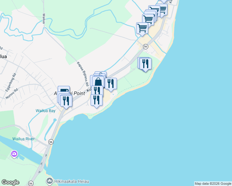 map of restaurants, bars, coffee shops, grocery stores, and more near 520 Aleka Loop in Kapaʻa