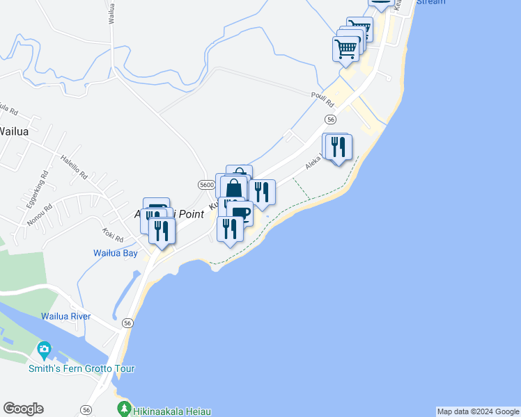 map of restaurants, bars, coffee shops, grocery stores, and more near 520 Aleka Loop in Kapaʻa