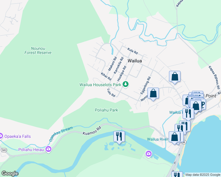map of restaurants, bars, coffee shops, grocery stores, and more near 186 Lulo Road in Kapaʻa