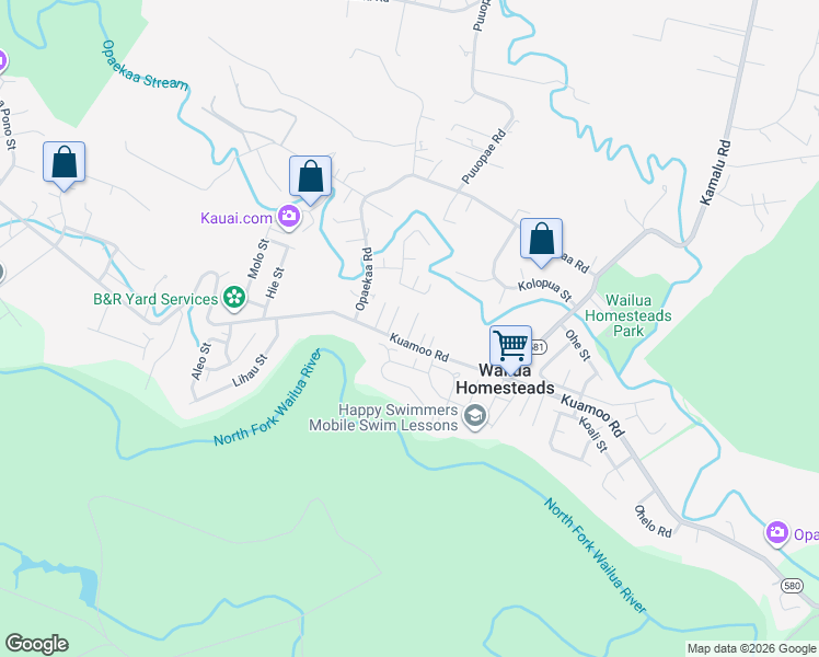 map of restaurants, bars, coffee shops, grocery stores, and more near 217 Lauone Road in Kapaʻa