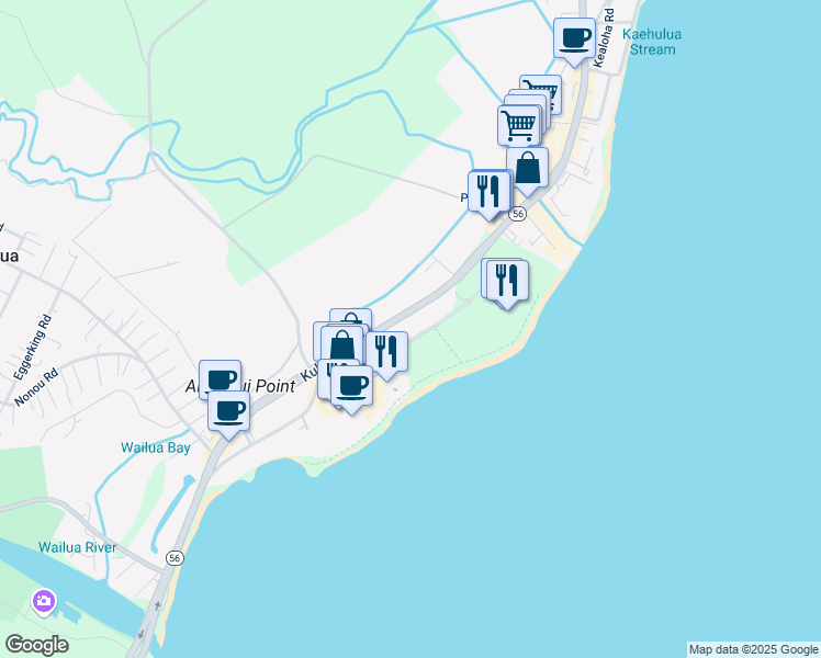 map of restaurants, bars, coffee shops, grocery stores, and more near 525 Aleka Loop in Kapaʻa