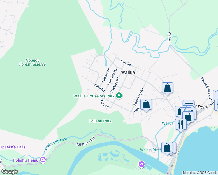 map of restaurants, bars, coffee shops, grocery stores, and more near 304 Kamokila Road in Kapaʻa