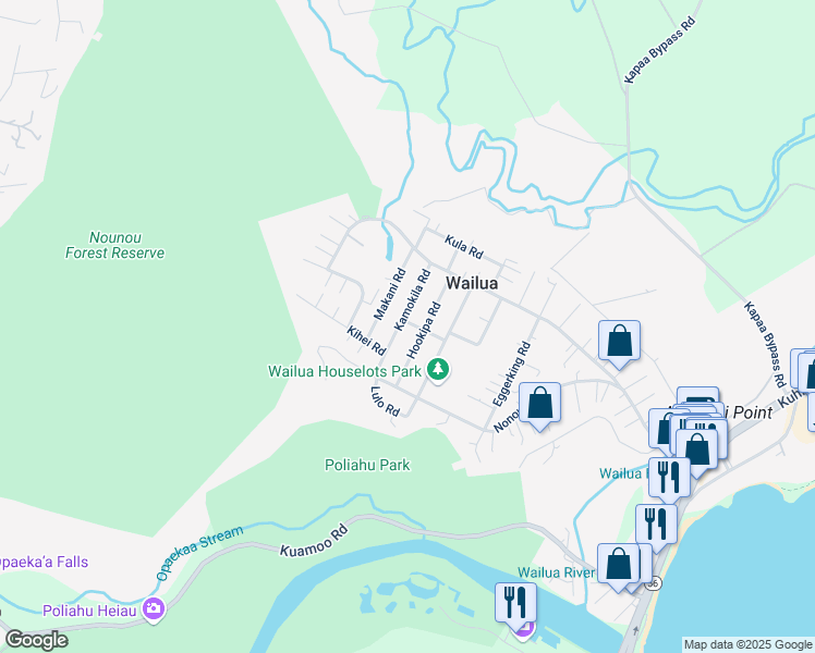map of restaurants, bars, coffee shops, grocery stores, and more near 304 Kamokila Road in Kapaʻa