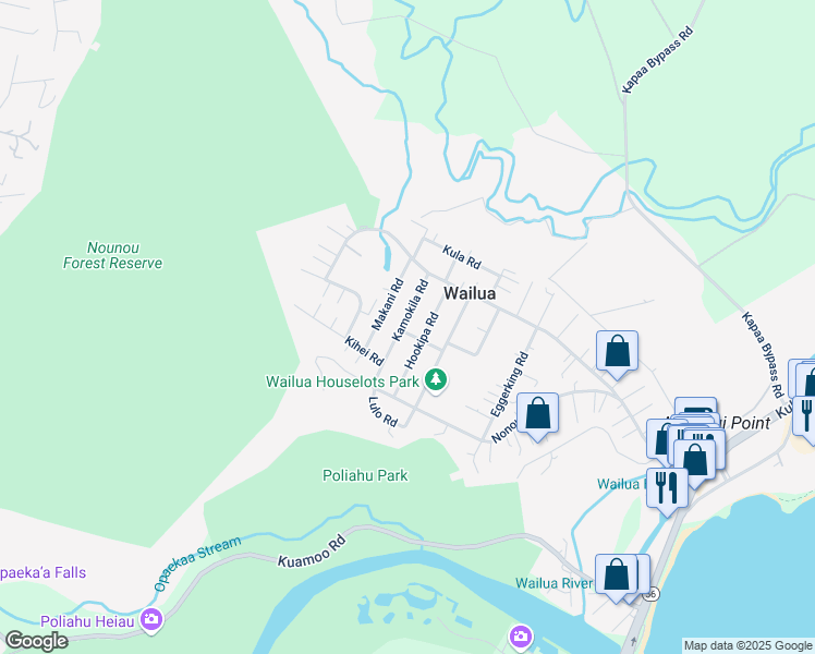 map of restaurants, bars, coffee shops, grocery stores, and more near 304 Kamokila Road in Kapaʻa
