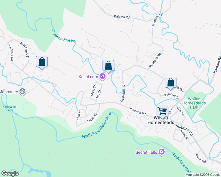 map of restaurants, bars, coffee shops, grocery stores, and more near 6410 Opaekaa Road in Kapaʻa