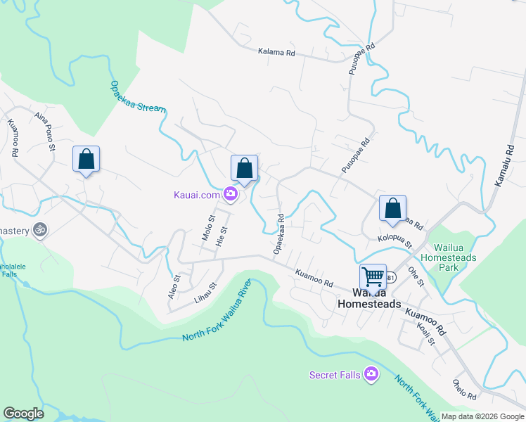 map of restaurants, bars, coffee shops, grocery stores, and more near 6410 Opaekaa Road in Kapaʻa