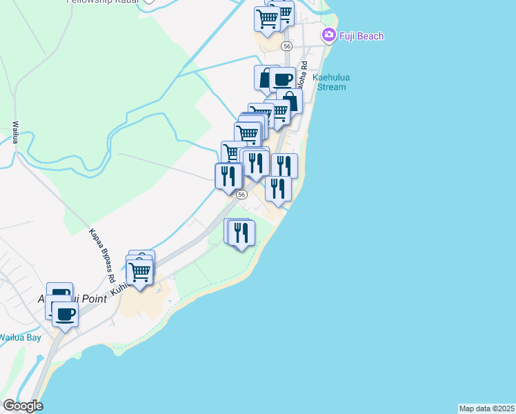 map of restaurants, bars, coffee shops, grocery stores, and more near 4461 Kamoa Road in Kapaʻa