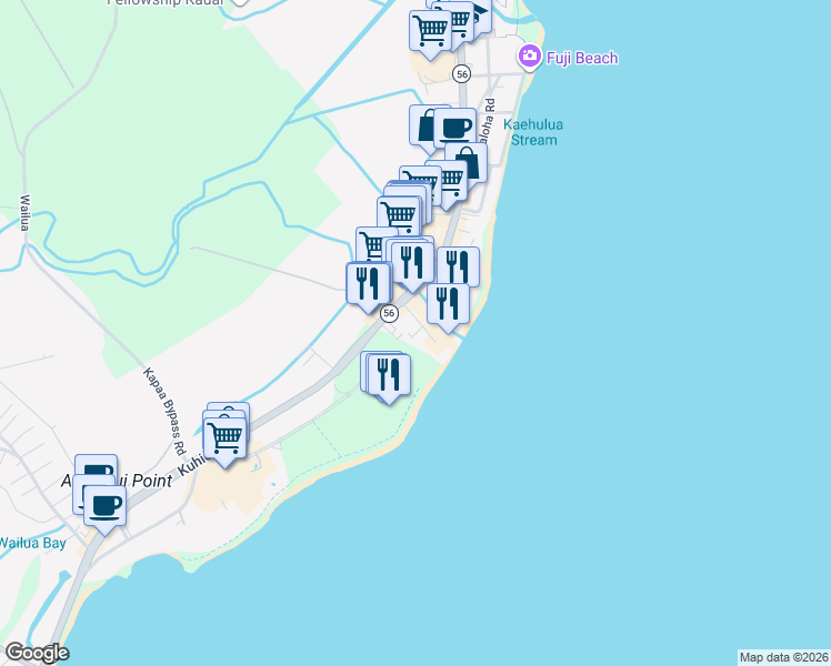 map of restaurants, bars, coffee shops, grocery stores, and more near 4461 Kamoa Road in Kapaʻa