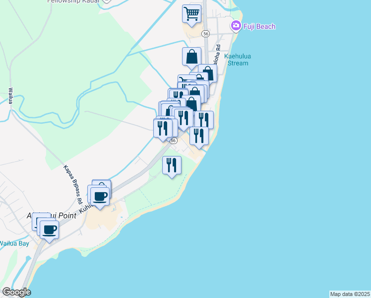 map of restaurants, bars, coffee shops, grocery stores, and more near 4461 Kamoa Road in Kapaʻa