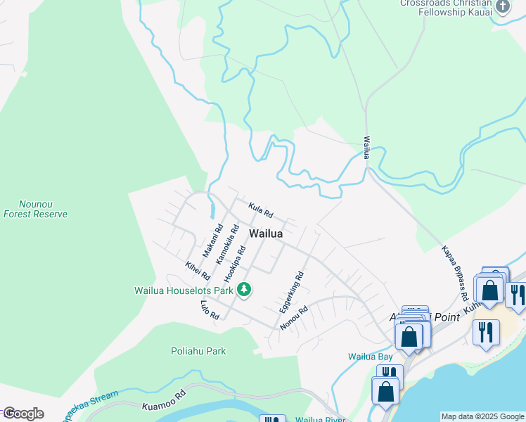 map of restaurants, bars, coffee shops, grocery stores, and more near Kula Road in Wailua