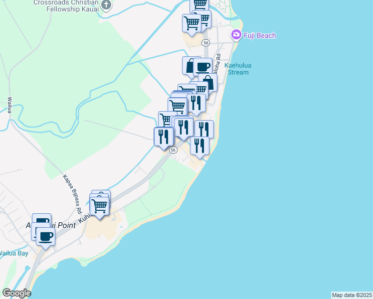map of restaurants, bars, coffee shops, grocery stores, and more near 4474 Kamoa Road in Kapaʻa
