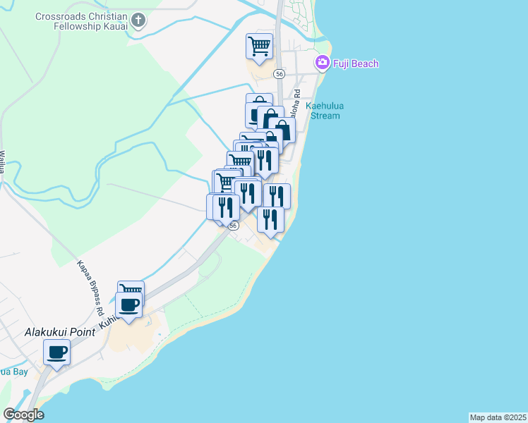 map of restaurants, bars, coffee shops, grocery stores, and more near 4474 Kamoa Road in Kapaʻa
