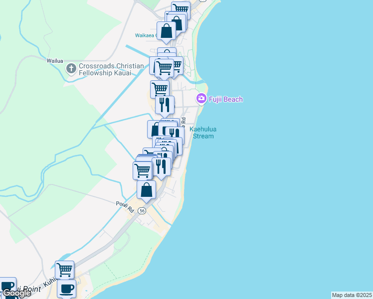 map of restaurants, bars, coffee shops, grocery stores, and more near 968A Niulani Road in Kapaʻa