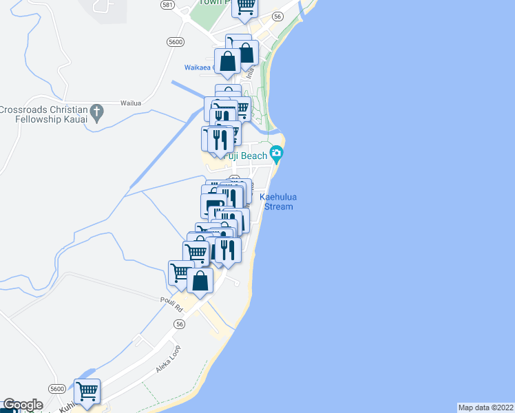 map of restaurants, bars, coffee shops, grocery stores, and more near 1017 Moanakai Road in Kapaʻa