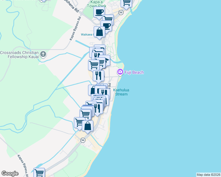 map of restaurants, bars, coffee shops, grocery stores, and more near 1017 Moanakai Road in Kapaʻa