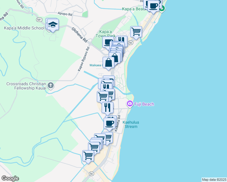 map of restaurants, bars, coffee shops, grocery stores, and more near 1176 Kuhio Highway in Kapaʻa