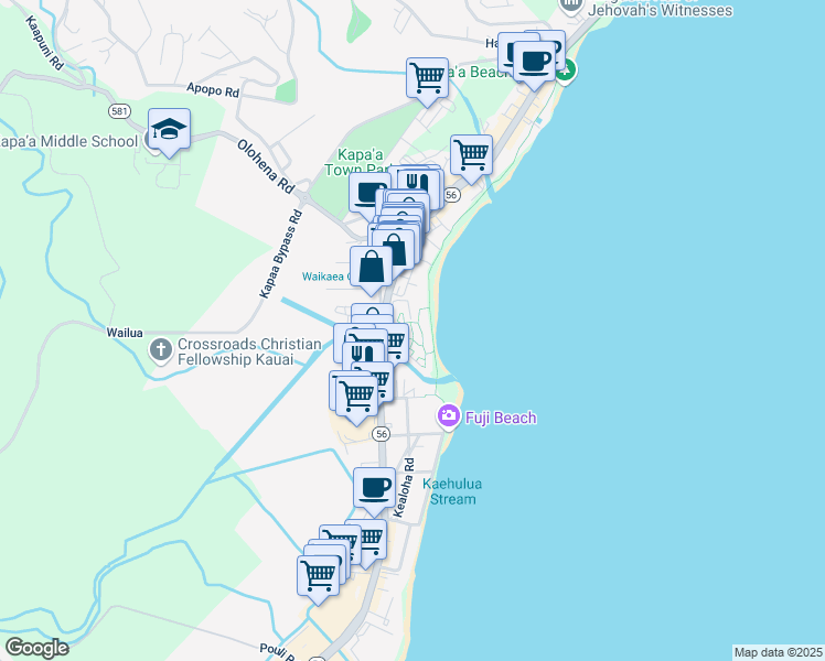map of restaurants, bars, coffee shops, grocery stores, and more near 4-1250 Kuhio Highway in Kapaʻa