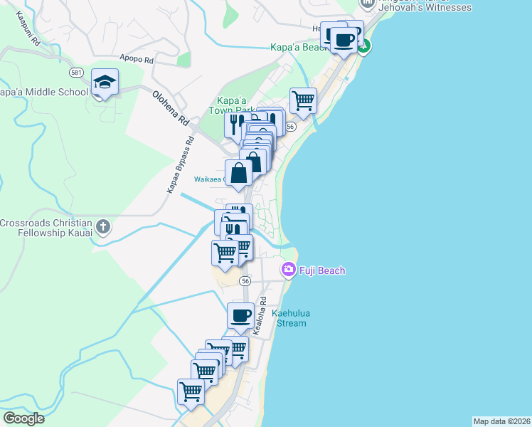 map of restaurants, bars, coffee shops, grocery stores, and more near 4-1250 Kuhio Highway in Kapaʻa