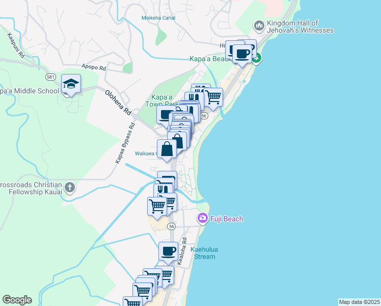map of restaurants, bars, coffee shops, grocery stores, and more near 1316 Inia Street in Kapaa