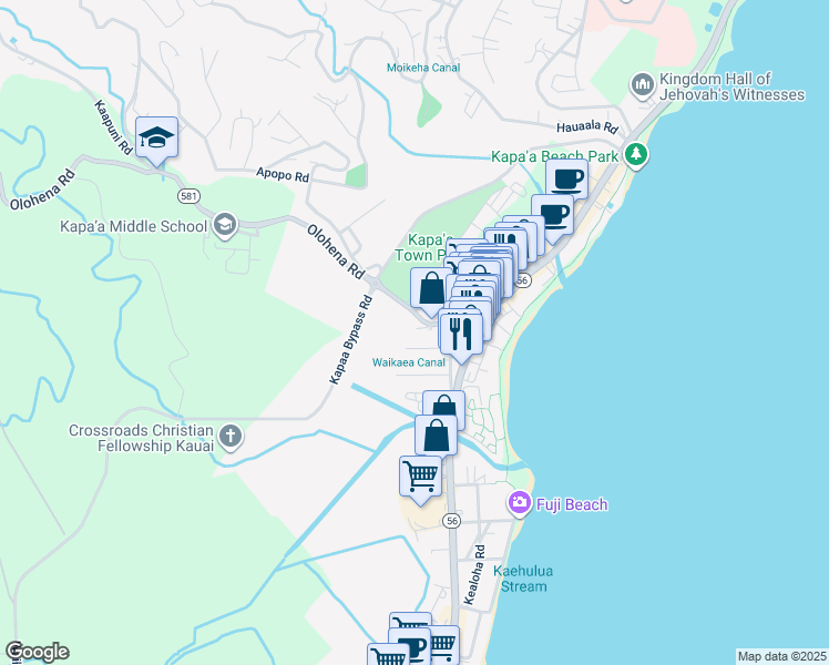 map of restaurants, bars, coffee shops, grocery stores, and more near 4587 Kukui Street in Kapaʻa