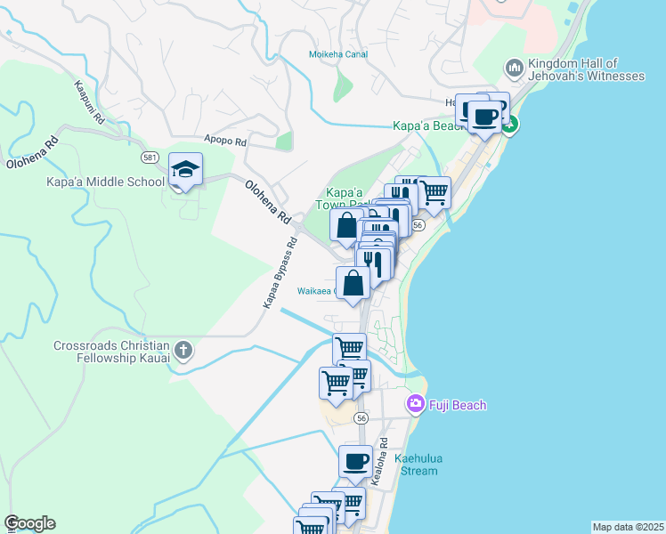 map of restaurants, bars, coffee shops, grocery stores, and more near 4587 Kukui Street in Kapaʻa