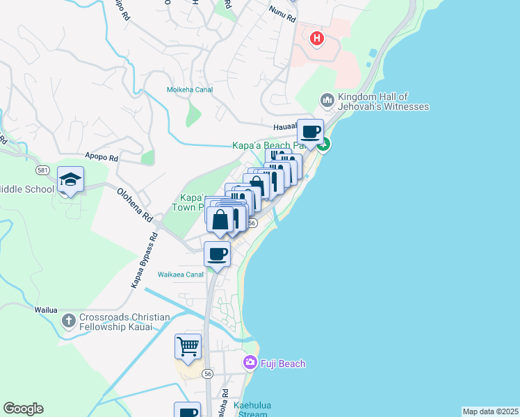 map of restaurants, bars, coffee shops, grocery stores, and more near 4500 Lehua Street in Kapaʻa
