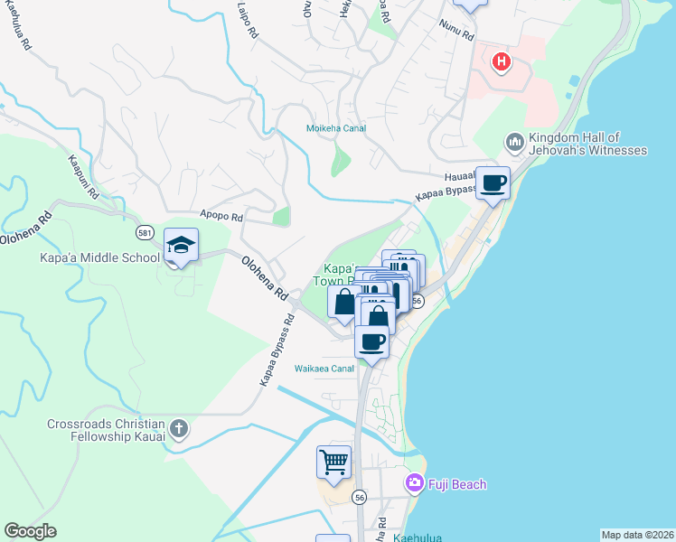 map of restaurants, bars, coffee shops, grocery stores, and more near Cane Haul Road in Kapaa