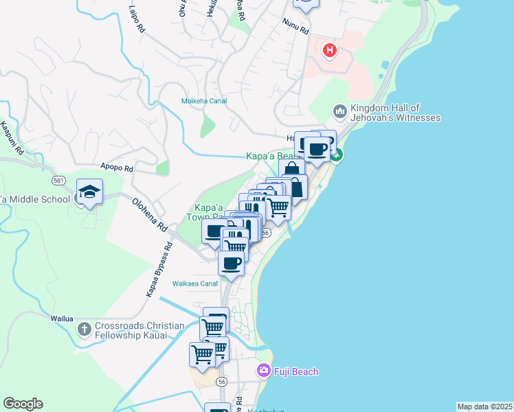 map of restaurants, bars, coffee shops, grocery stores, and more near 4500 Lehua Street in Kapaʻa