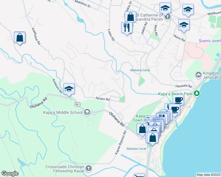 map of restaurants, bars, coffee shops, grocery stores, and more near 4874 Yamanoha Road in Kapaʻa
