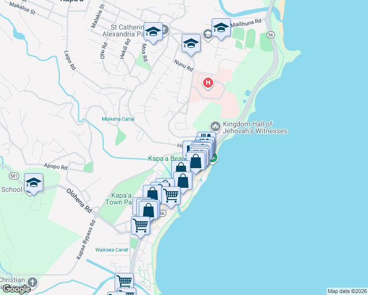 map of restaurants, bars, coffee shops, grocery stores, and more near 4590 Hauaala Road in Kapaʻa