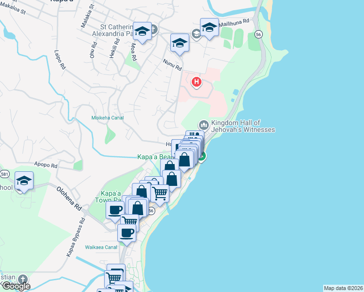 map of restaurants, bars, coffee shops, grocery stores, and more near 4538 Hauaala Road in Kapaʻa