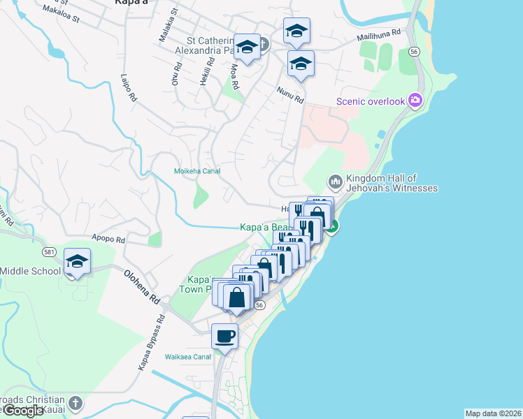 map of restaurants, bars, coffee shops, grocery stores, and more near 4629 Hauaala Road in Kapaʻa
