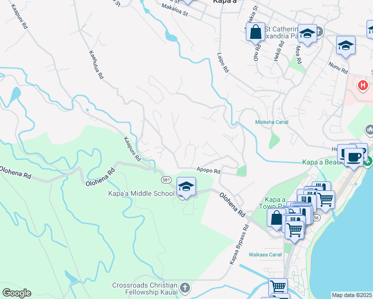 map of restaurants, bars, coffee shops, grocery stores, and more near 4633 Apopo Road in Kapaʻa