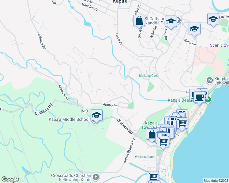 map of restaurants, bars, coffee shops, grocery stores, and more near 4874 Yamanoha Road in Kapaʻa