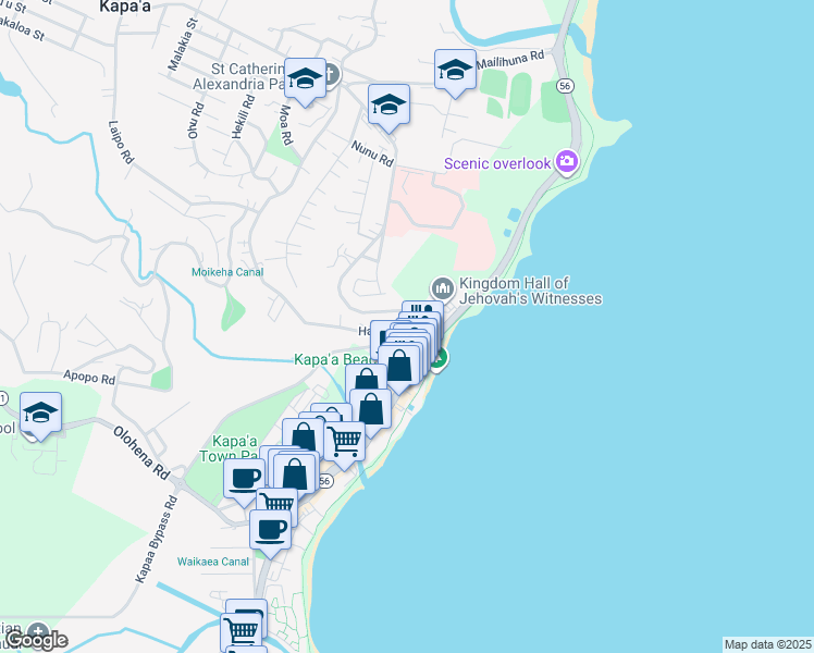 map of restaurants, bars, coffee shops, grocery stores, and more near 4538 Hauaala Road in Kapaʻa