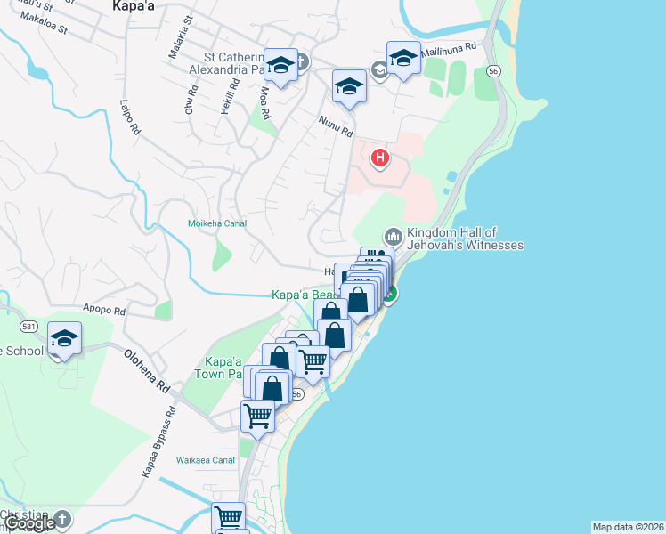 map of restaurants, bars, coffee shops, grocery stores, and more near 4590 Hauaala Road in Kapaʻa