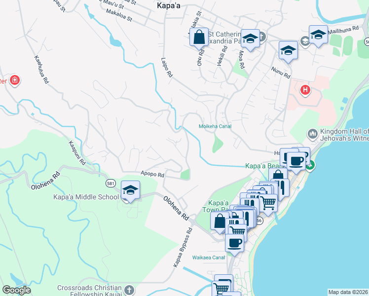 map of restaurants, bars, coffee shops, grocery stores, and more near 4590 Apopo Rd in Kapaa