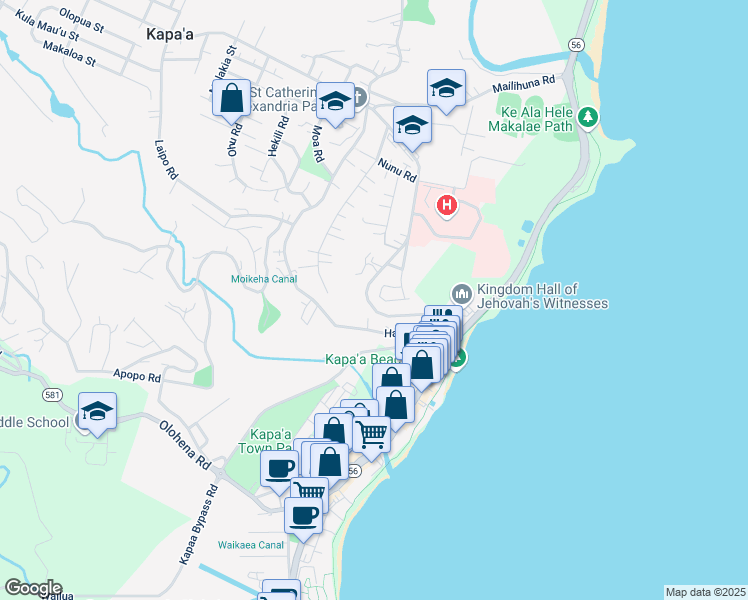 map of restaurants, bars, coffee shops, grocery stores, and more near 4657 Iwaena Loop in Kapaʻa