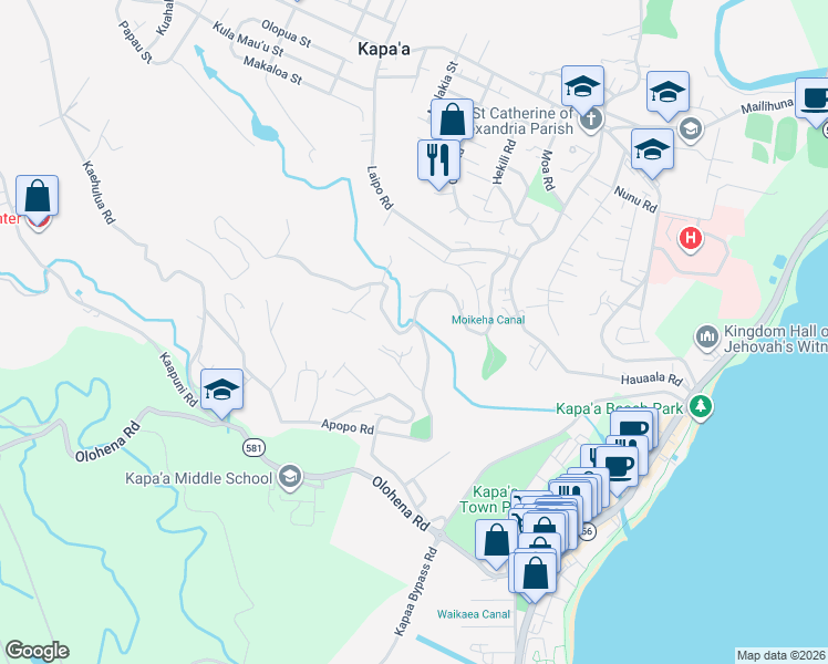 map of restaurants, bars, coffee shops, grocery stores, and more near 4590 Apopo Road in Kapaʻa