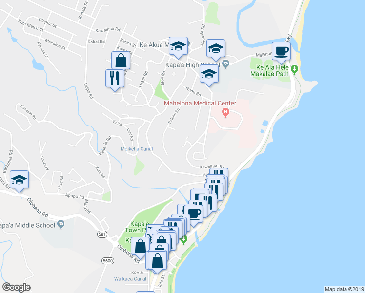 map of restaurants, bars, coffee shops, grocery stores, and more near 4657 Iwaena Loop in Kapaʻa